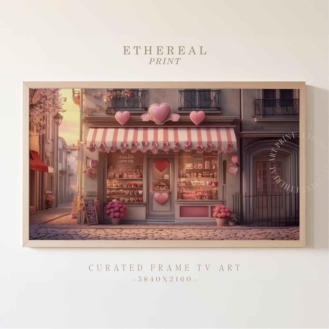 Pink Parisian Bakery Shopfront With Hearts Romantic Street Wall Art