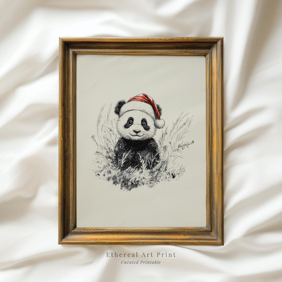 Cute Baby Panda With Santa Hat Sketch Neutral Christmas Nursery Wall Decor Vintage Winter Wall Art Panda Drawing Prints