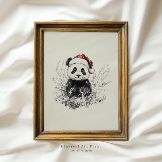 Cute Baby Panda With Santa Hat Sketch Neutral Christmas Nursery Wall Decor Vintage Winter Wall Art Panda Drawing Prints