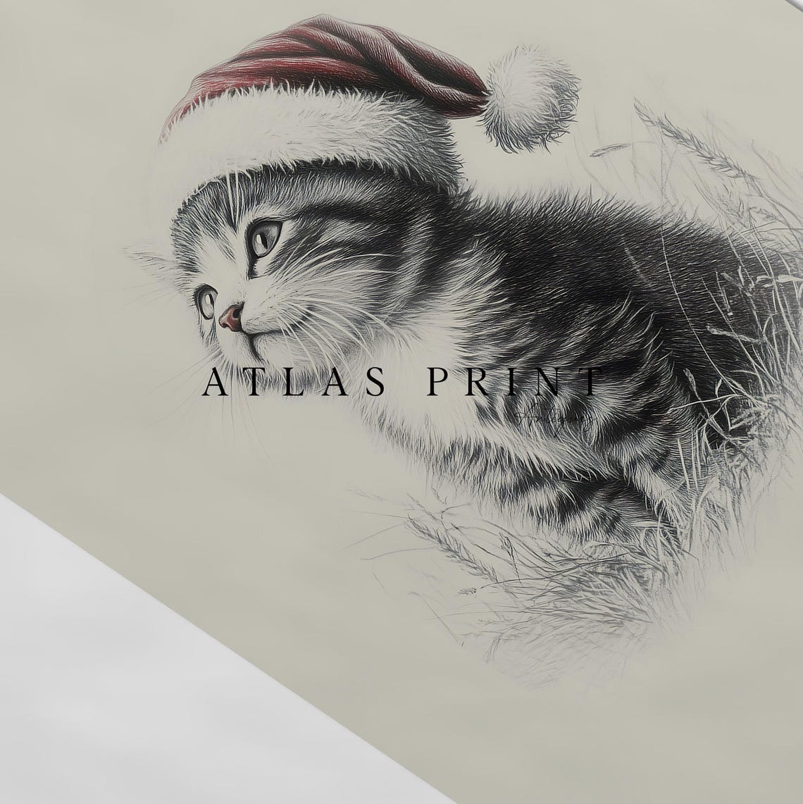 Cute Kitten With Santa Hat Sketch Print Neutral Christmas Nursery Wall Decor Vintage Winter Wall Art Cat Drawing Prints - Image 4