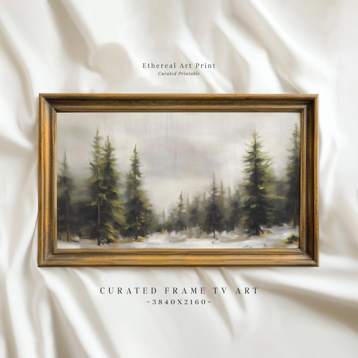 Misty Evergreen Forest Winter Snow Vintage Landscape Wall Art