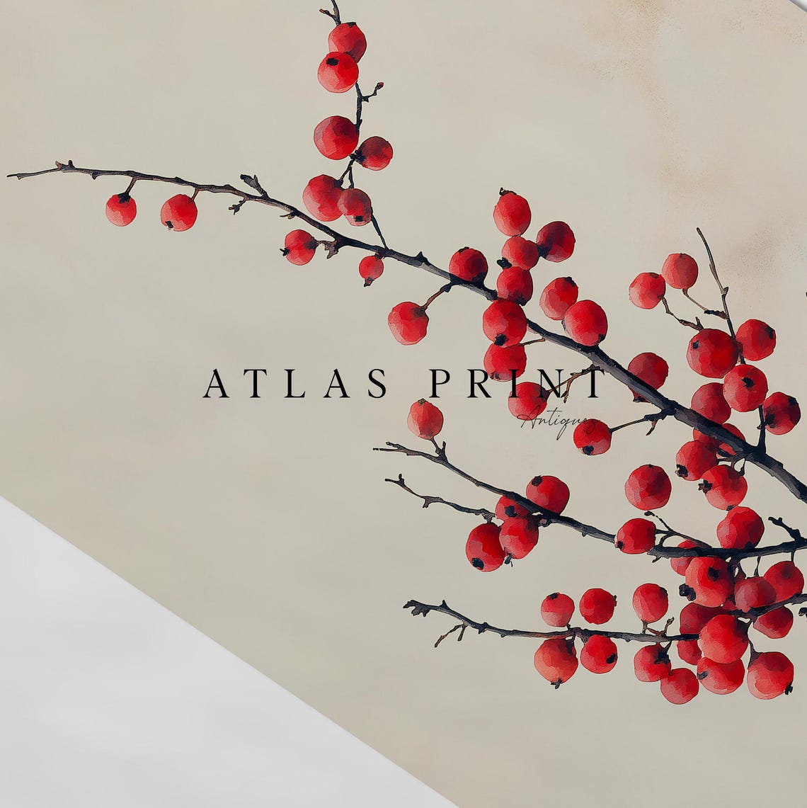 Minimalist Red Winterberry Branch Botanical Watercolor Art Print - Image 4