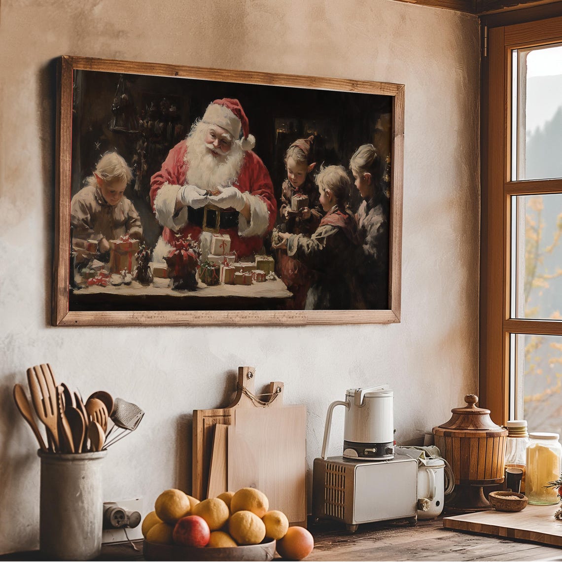 Santa Claus With Children Gift Workshop Vintage Painting Wall Art - Image 3