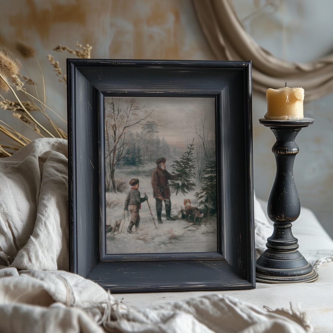 Cutting The Christmas Tree Vintage Winter Forest Oil Painting Print - Image 2