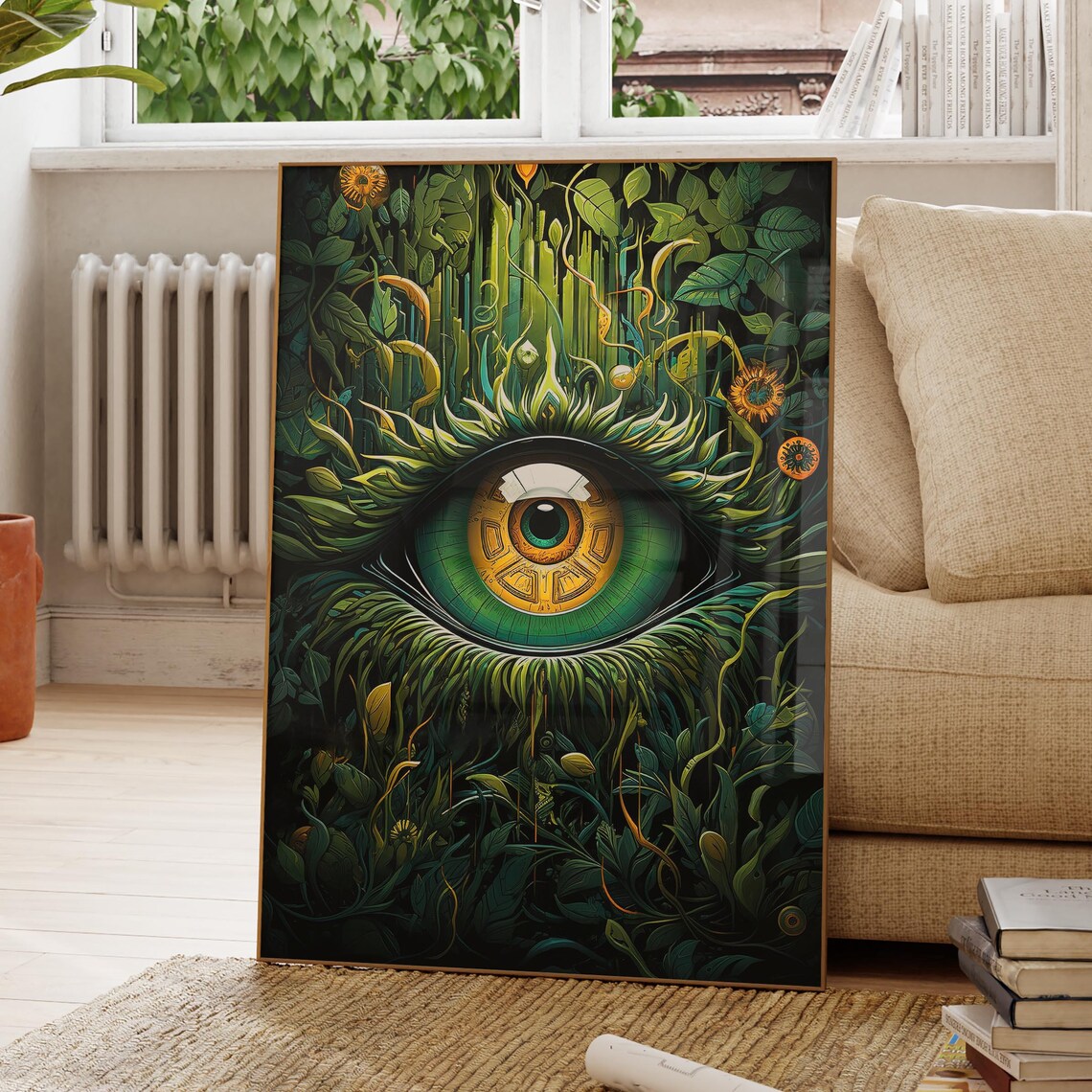 Emerald Green Eye Surreal Poster with Golden Iris and Botanical Art