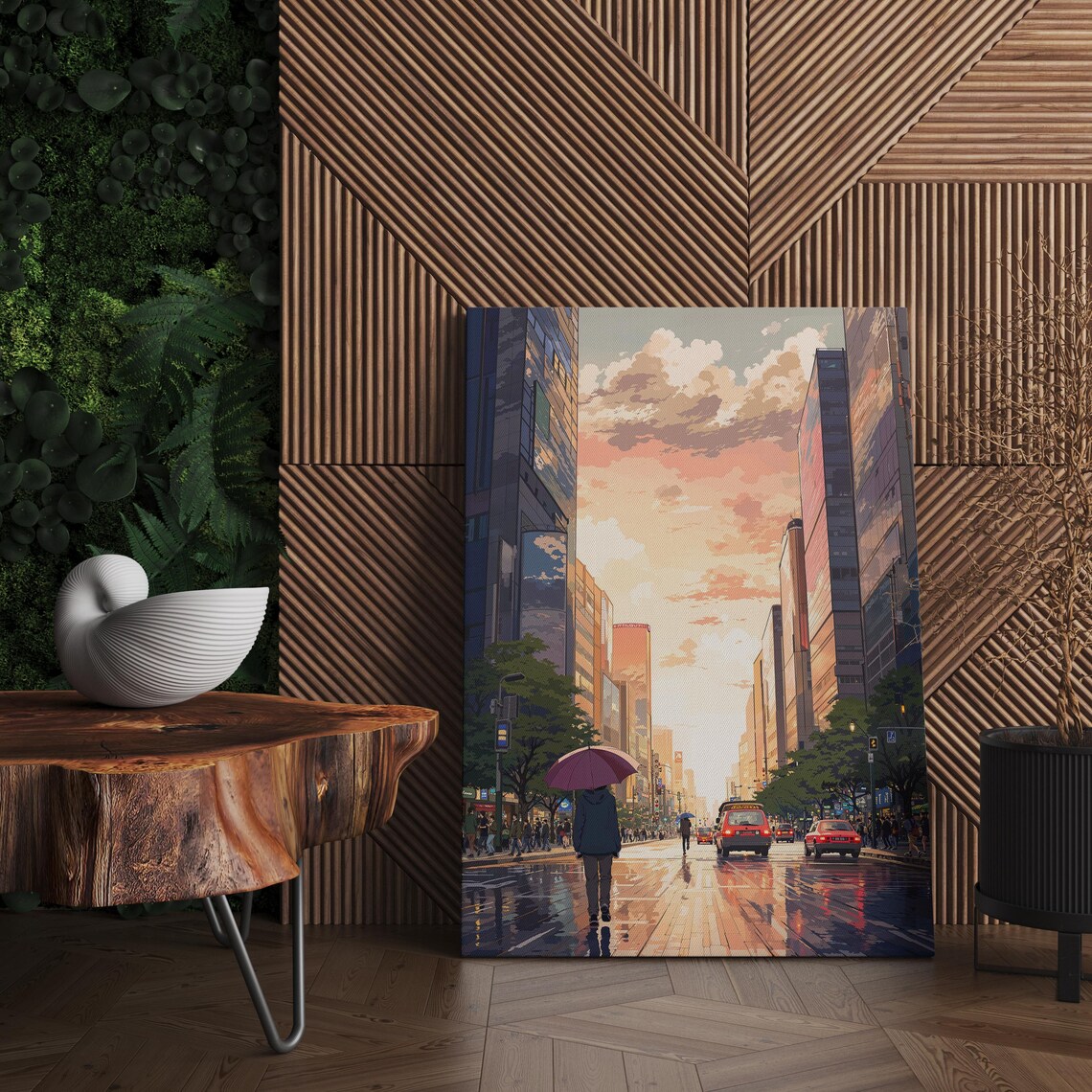 Rainy Tokyo Street Anime Poster with Umbrella Sunset After Rain Art
