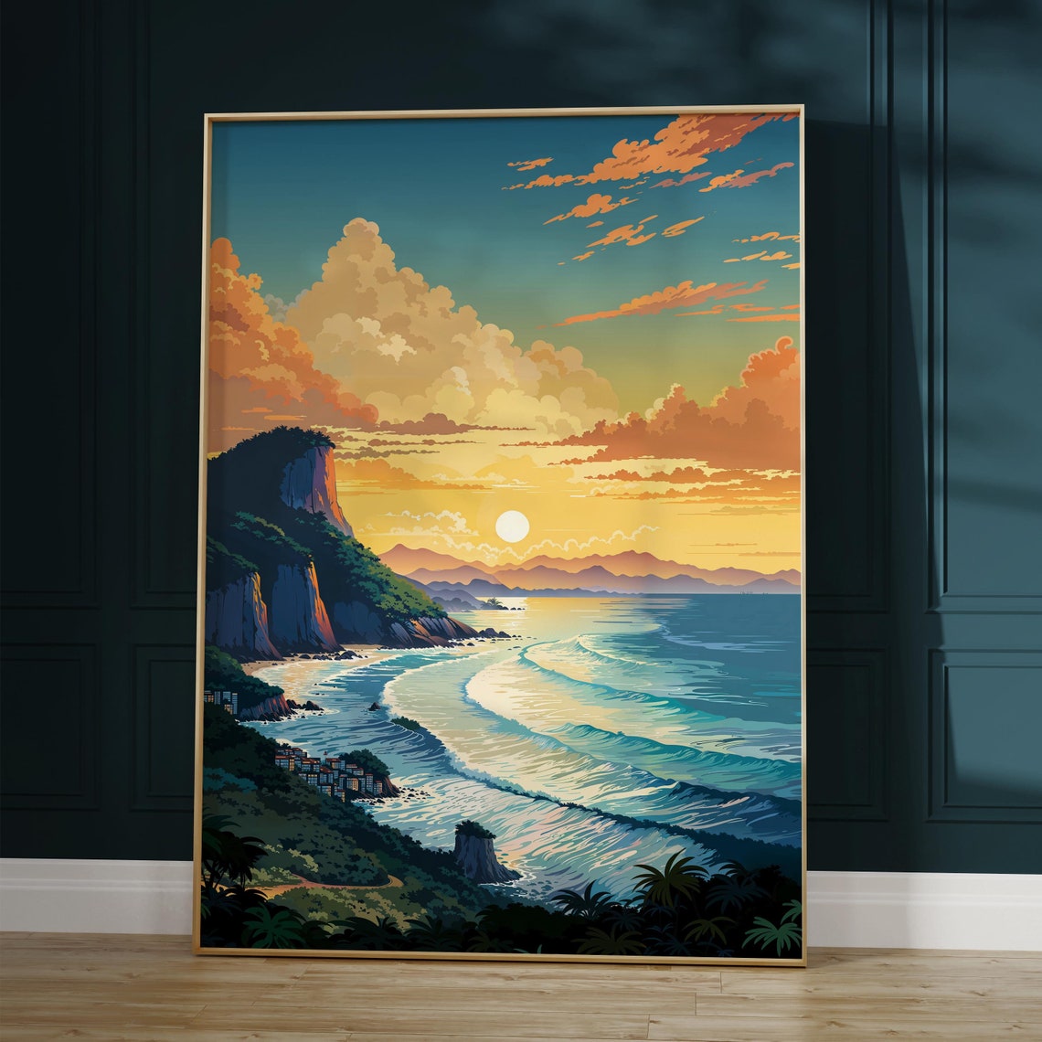Tropical Coastal Cliff at Sunset With Rolling Waves and Village Poster