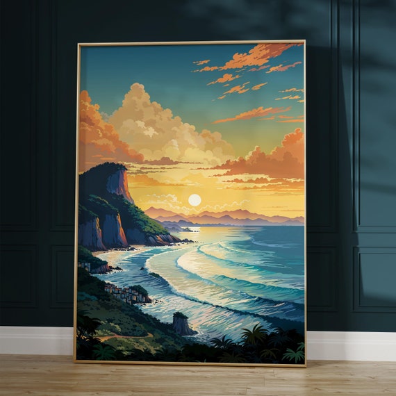 Rio De Janeiro Poster Vibrant Tropical Beach Art Print Perfect Coastal Decor For Travel Enthusiasts Sunrise Art Lovers