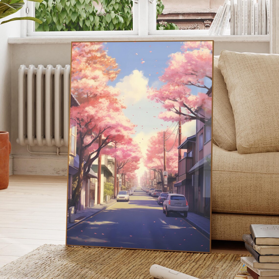 Anime Cherry Blossom Street in Japan With Pink Sakura Trees Poster