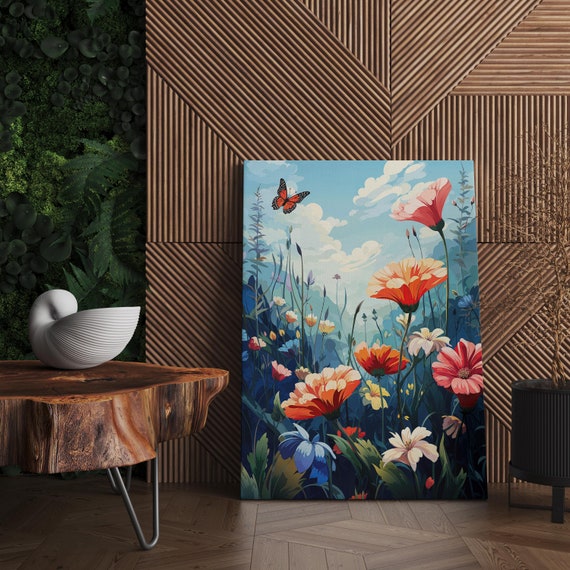 Flower Art Vibrant Meadow Painting For Home Office Decor Botanical Print With Butterflies