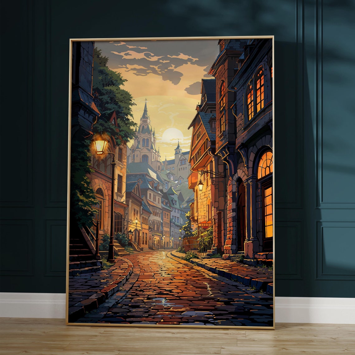 Old European Cobblestone Street at Sunset With Glowing Windows Poster