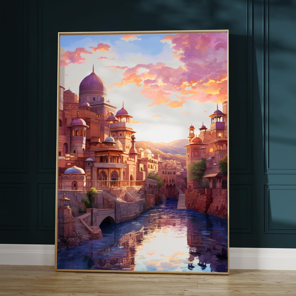 Indian Style Domed Palace City at Sunset Over a Calm River Poster