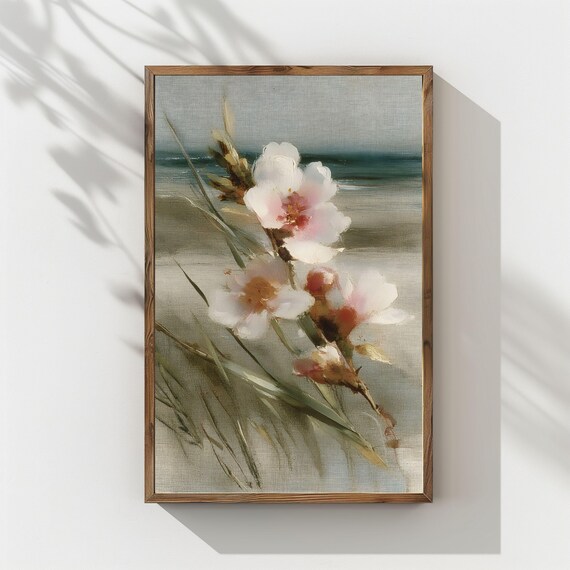 Vintage Beach Flowers Oil Painting Print White Oleander Blossom Art Coastal Botanical Decor 422