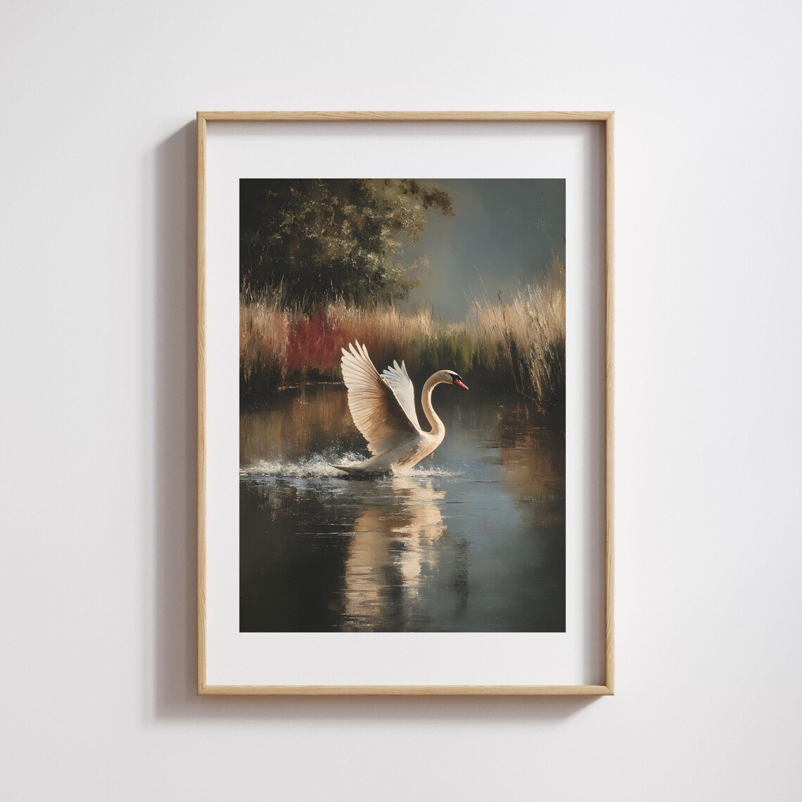 Vintage White Swan Taking Flight Marsh Wetland Oil Painting Poster