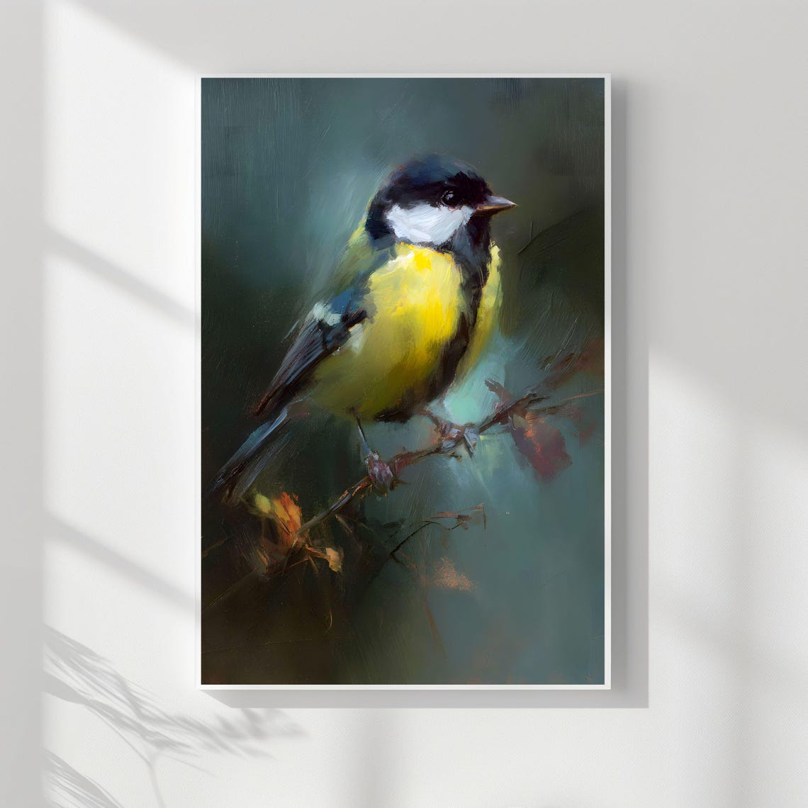 Great Tit Songbird on Branch Painterly Yellow Bird Art Poster