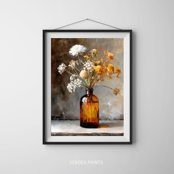 Dried Wildflowers in Amber Bottle Rustic Botanical Oil Painting Print