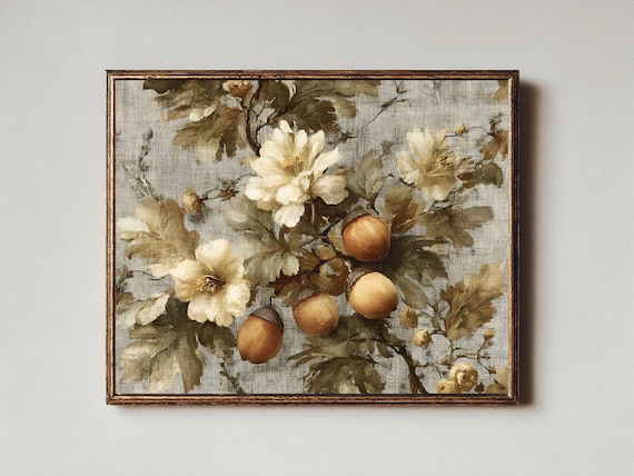 Muted White Blossoms and Acorns Vintage Botanical Art Poster