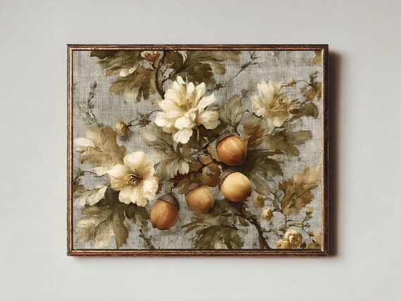 Vintage Botanical Print Acorn And Flower Still Life Rustic Fall Decor 424