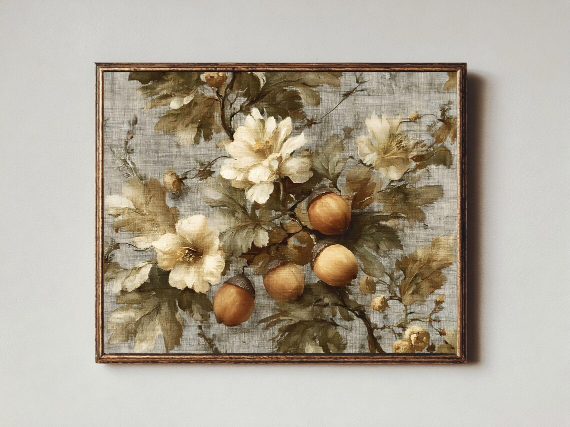 Vintage Botanical Print Acorn And Flower Still Life Rustic Fall Decor 424