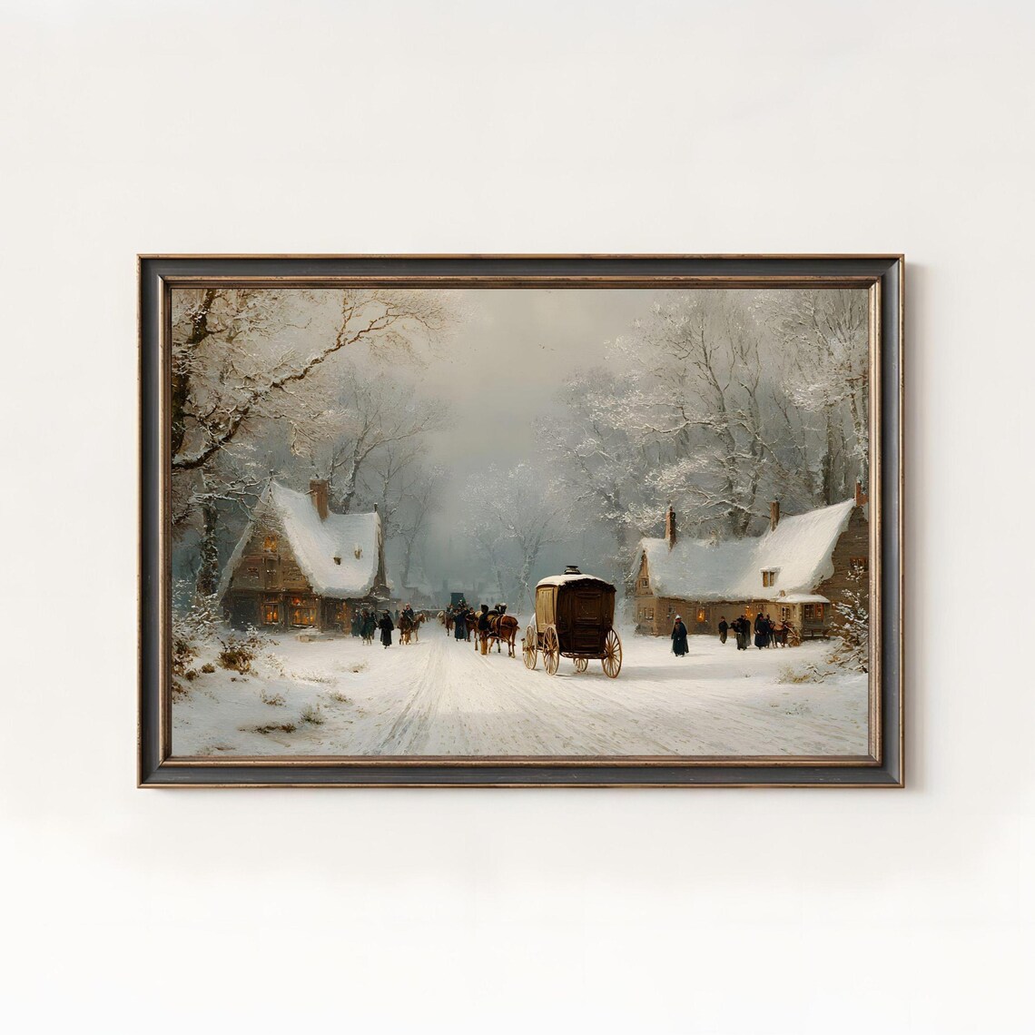 Vintage Winter Village Oil Painting Art Print