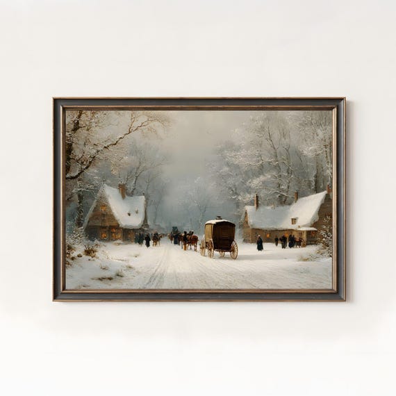 Vintage Winter Village Oil Painting Art Print