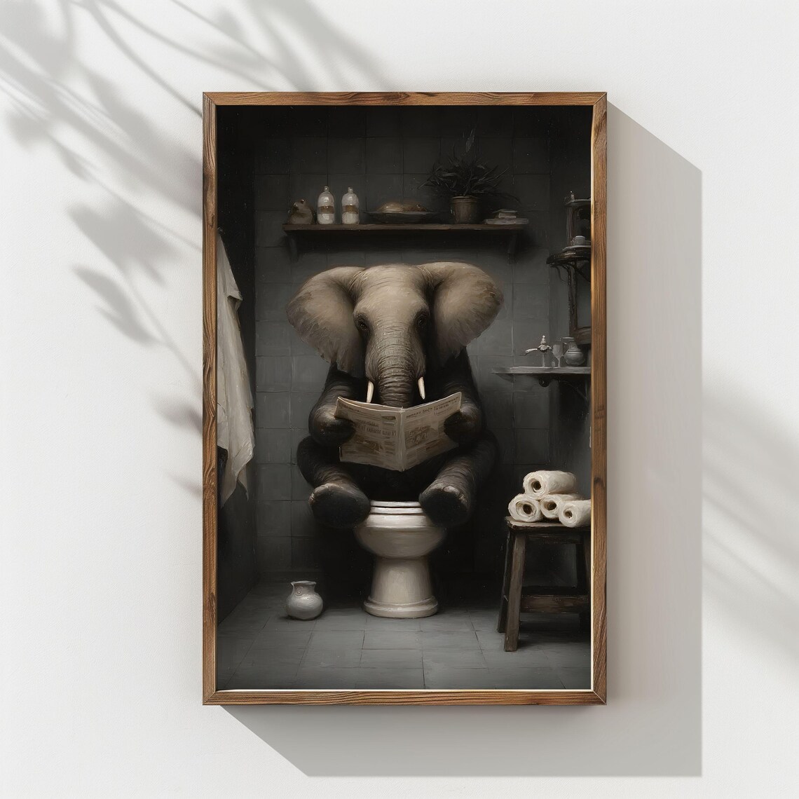 Funny Elephant Reading Newspaper On Toilet Bathroom Humor Animal Poster