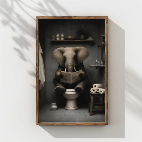 Vintage Elephant Bathroom Painting Funny Animal Wall Art 144
