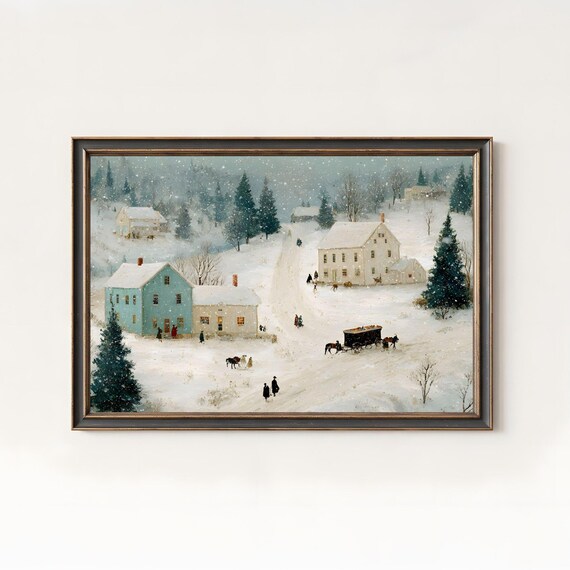 Vintage Snowy Village Folk Art Colonial Winter Scene Wall Art
