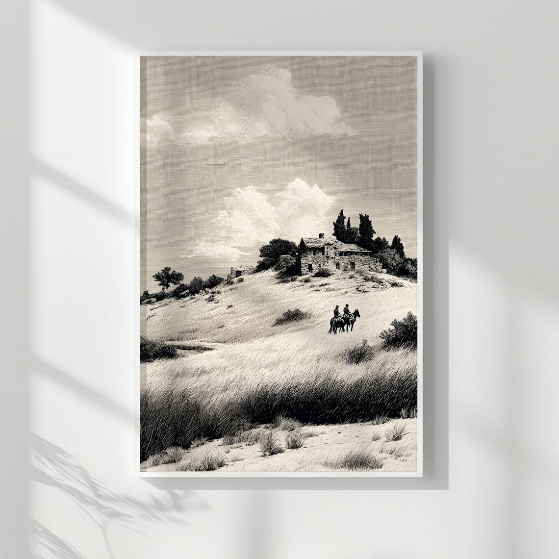 Wild West Two Riders On Horseback Hill Farmhouse Etching Poster
