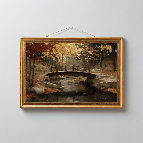 Vintage Autumn Bridge Oil Painting Rustic Fall Landscape Wall Art 221