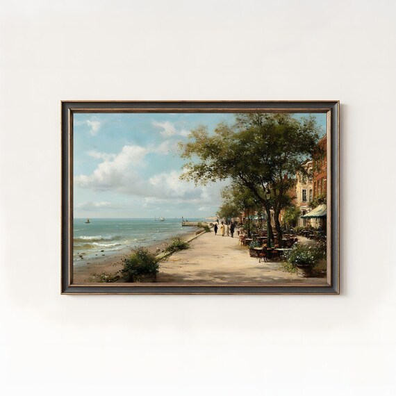 Vintage Autumn Seascape Oil Painting City Promenade Art Print 264