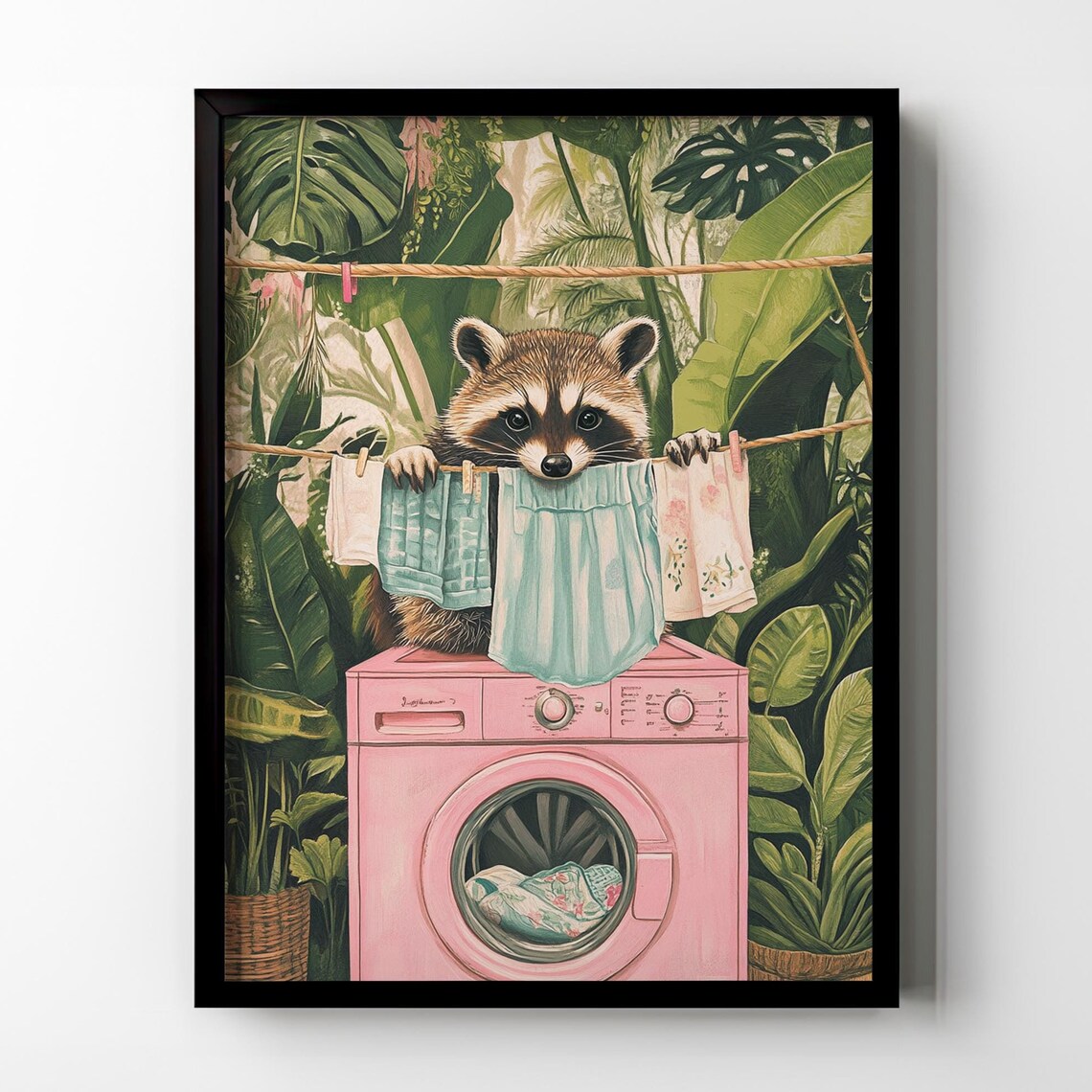 Cute Raccoon on Pink Washing Machine With Laundry Tropical Poster