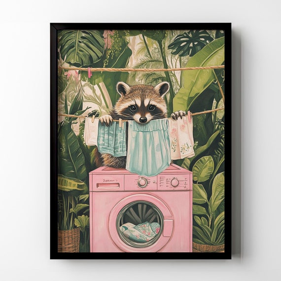 Raccoon Laundry Room Wall Decor Funny Raccoon Lover Washing Machine Wall Art Tropical Plants Botanical Bathroom