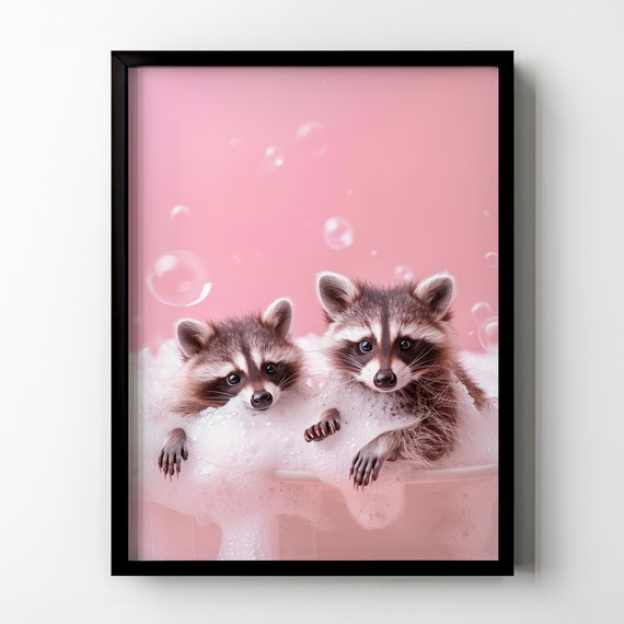 Raccoon Bathroom Wall Decor Funny Raccoons In Bathtub Wall Art Pink Cute Animal Bathroom Toilet Restroom