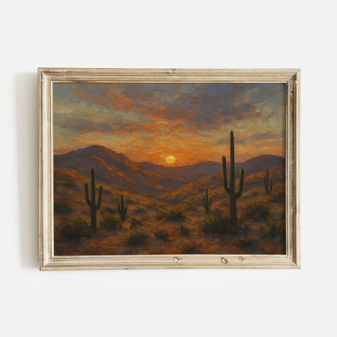 Desert Sunset With Saguaro Cactus Silhouettes Oil Painting Poster