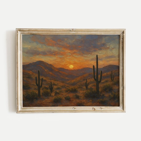 Desert Sunset With Saguaro Cactus Silhouettes Oil Painting Poster