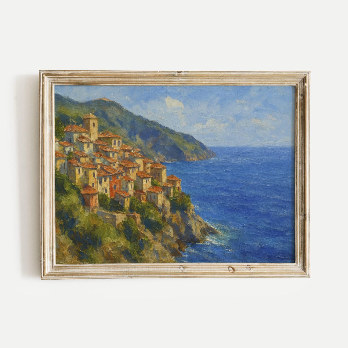 Village Overlook Mediterranean Sea Oil Painting Print Vintage Nature Wall Art Home Office Living Room Bedroom Decor