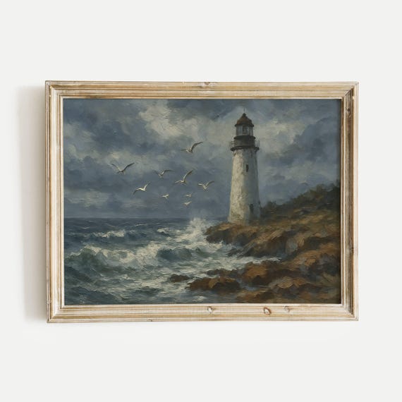 Coastal Lighthouse On A Shoreline Oil Painting Print Vintage Nature Wall Art Home Office Living Room Bedroom Decor