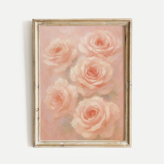 Pink Roses Bouquet Oil Painting Print Vintage Wall Art Home And Office Living Room Bedroom Nursery Decor