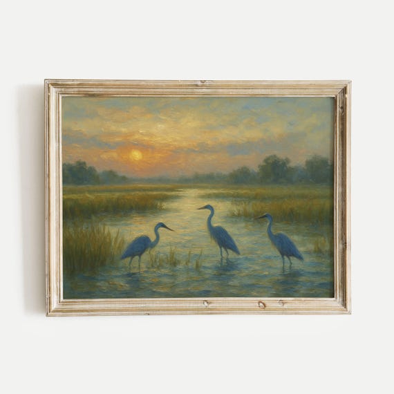 Marshland With Herons At Sunrise Oil Painting Print Vintage Nature Wall Art Home Office Living Room Bedroom Decor