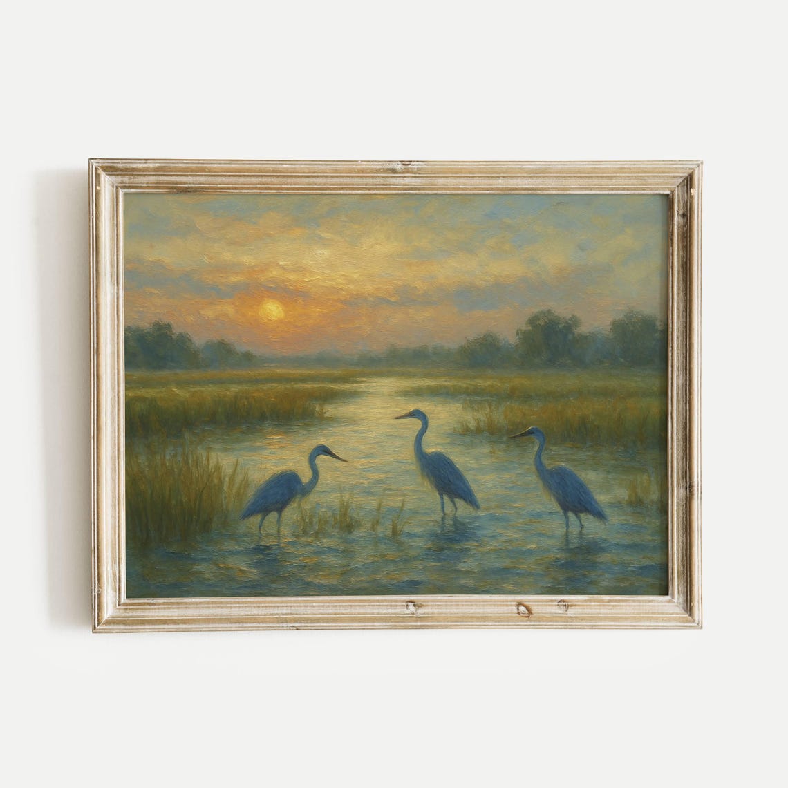 Three Grey Herons Wading in a Golden Marsh at Sunrise Poster