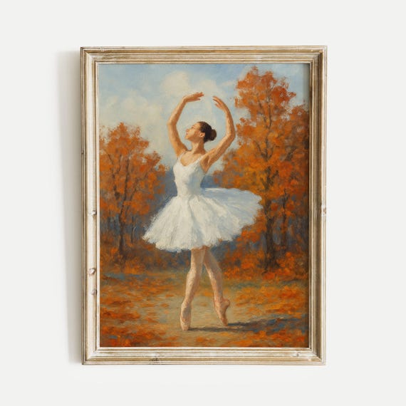 Ballerina Fall Autumn Oil Painting Print Vintage Wall Art Home Living Room Bedroom Nursery Decor