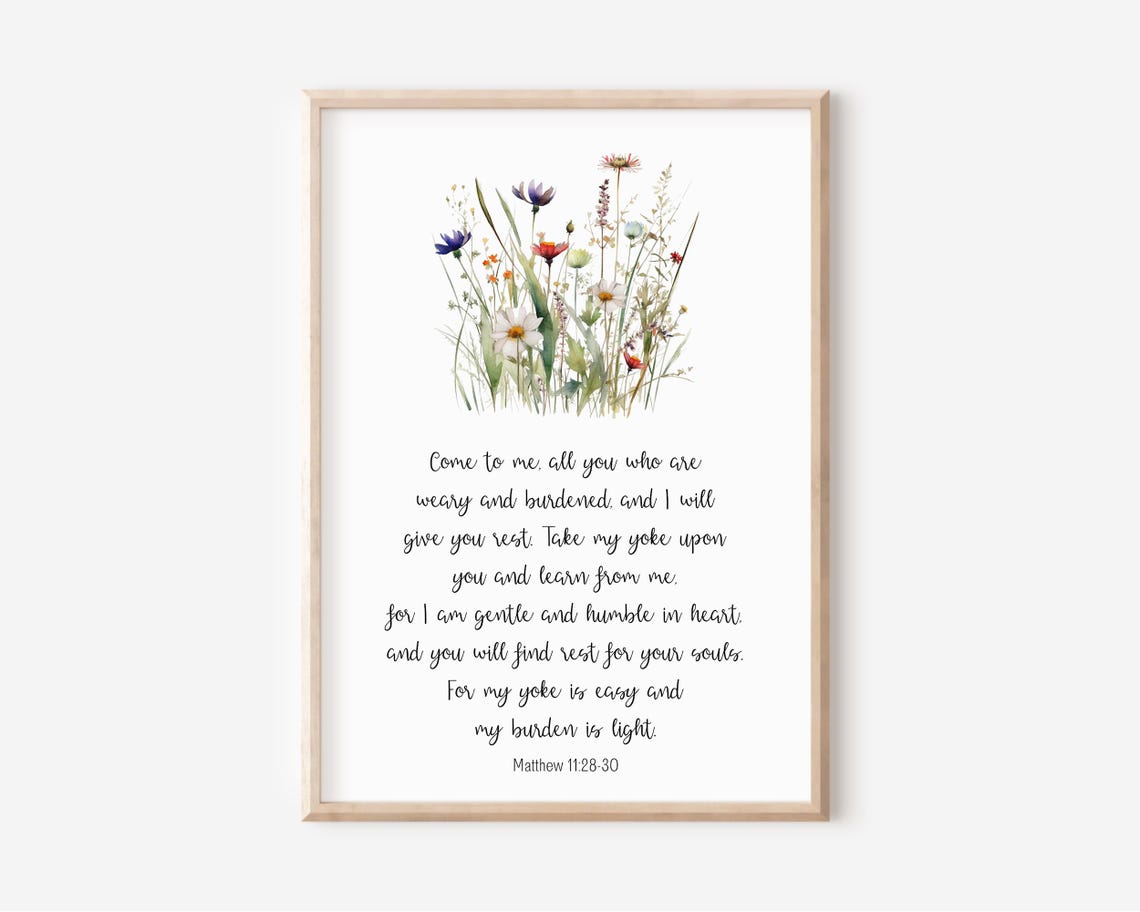 Matthew 112830 Come To Me Watercolor Wildflower Scripture Wall Art