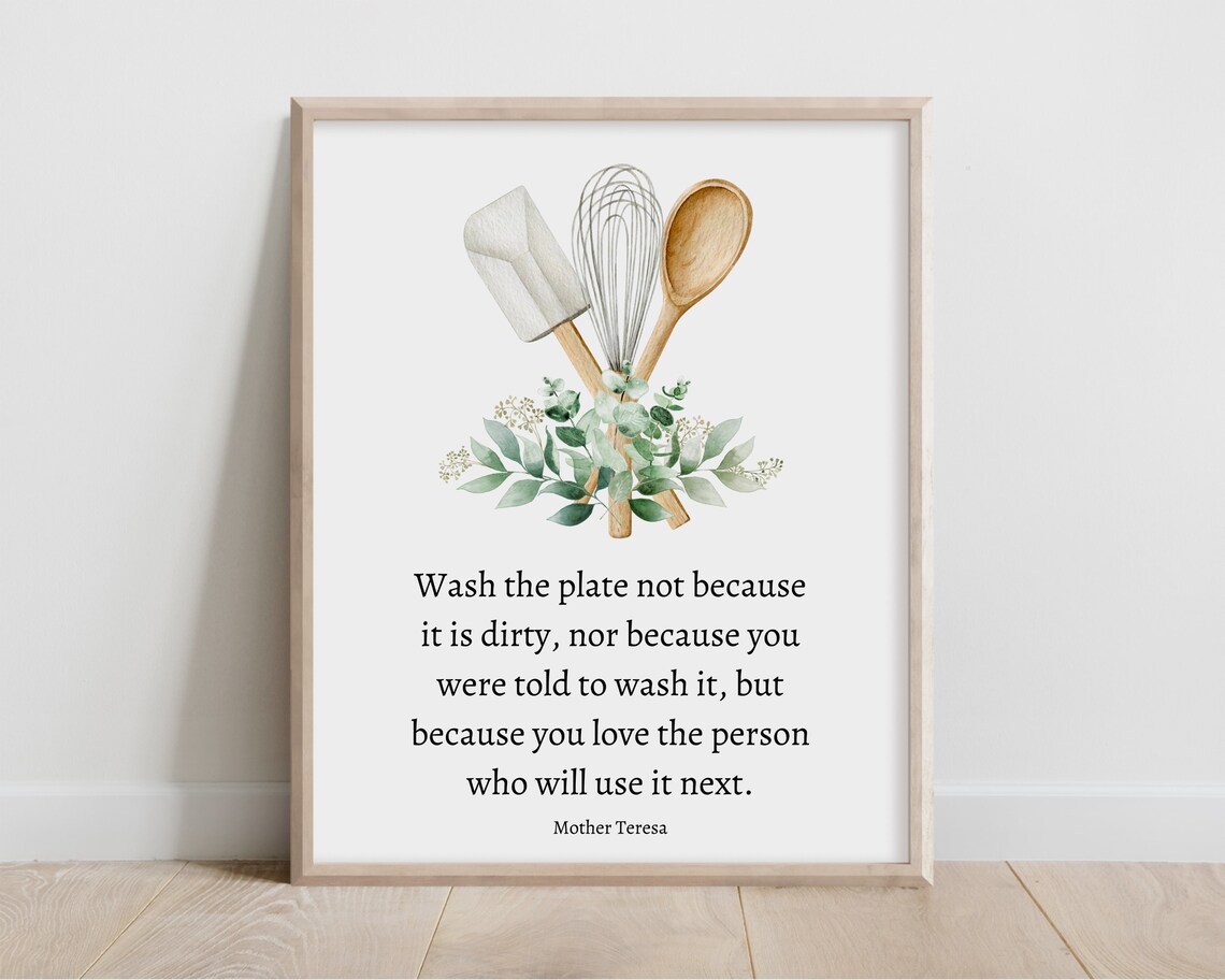 Mother Teresa Wash The Plate Kitchen Quote Watercolor Utensils Poster