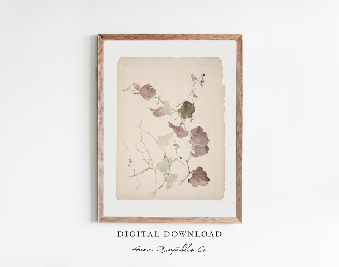 Delicate Botanical Branches on Aged Paper Minimalist Wall Art