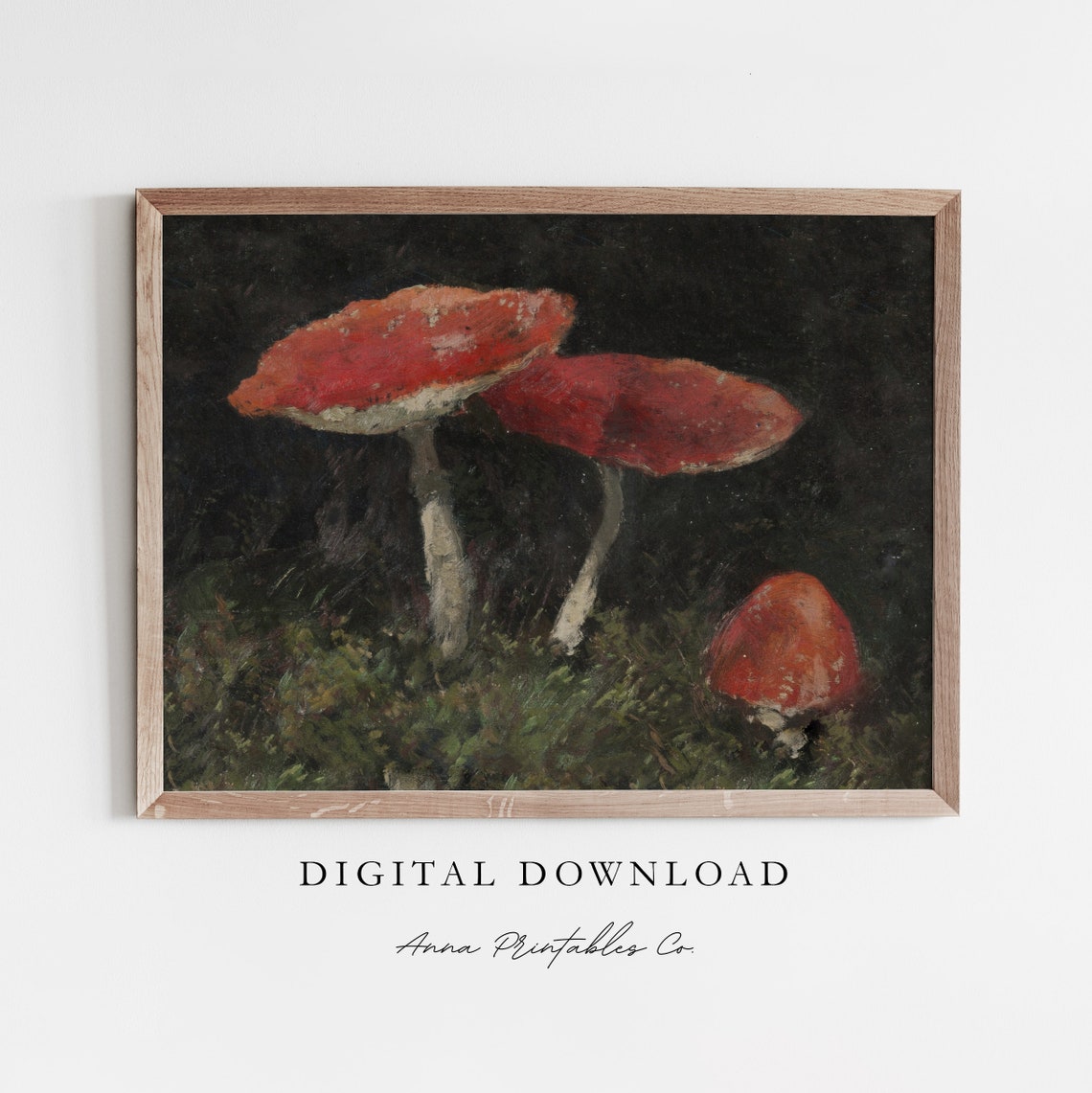 Red Fly Agaric Mushrooms Dark Forest Floor Vintage Painting Poster