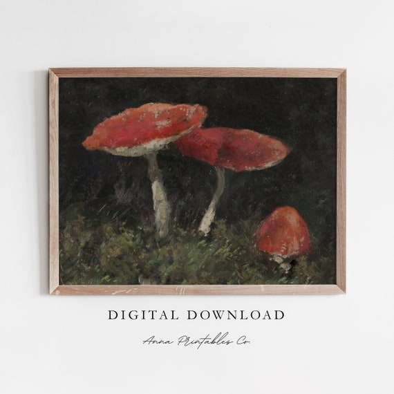Amanita Muscaria Antique Mushroom Painting Dark Academia Wall Art Dark Cottagecore Moody Fine Art Print