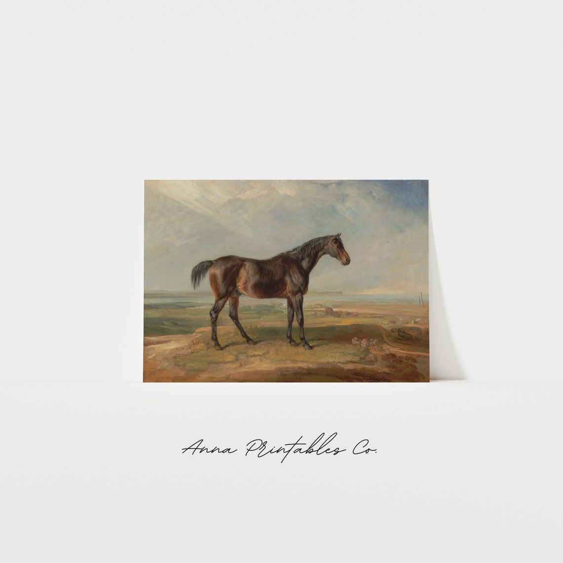 Vintage Bay Horse Standing in a Coastal Landscape Equestrian Poster