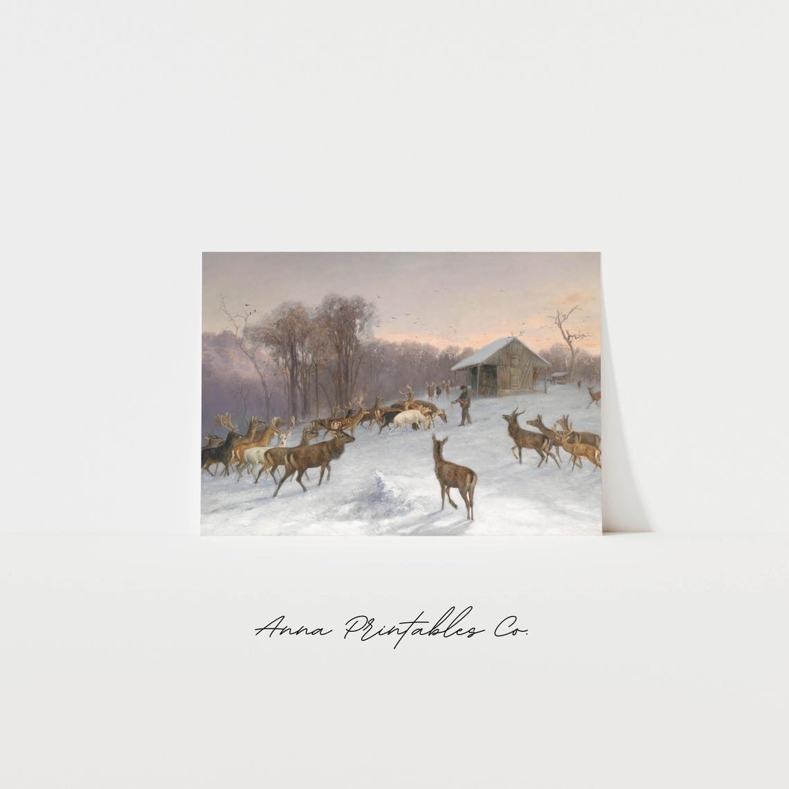 Man Feeding Deer At Dusk Beside Barn Winter Twilight Painting Poster