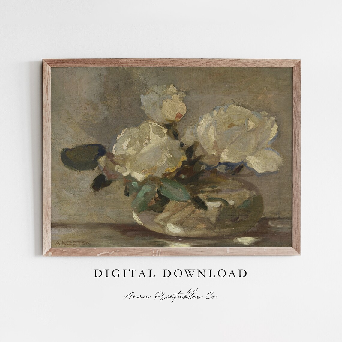 White Roses Glass Vase Impressionist Floral Still Life Art Poster